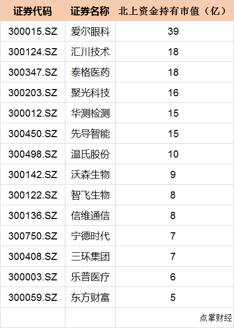 外资持仓最多的创业板股票名单