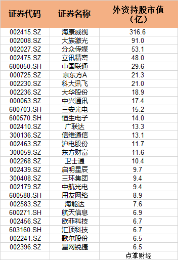 外资持有的科技股名单！