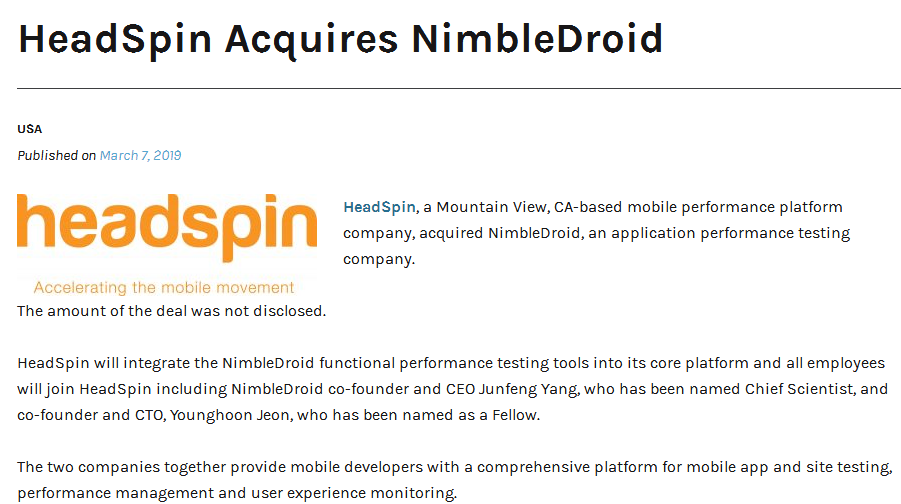 哥大杨俊峰教授创办的APP性能测试公司NimbleDroid 被HeadSpin收购！