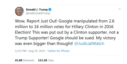 特朗普批谷歌“操纵”2016美国大选：应该被起诉！