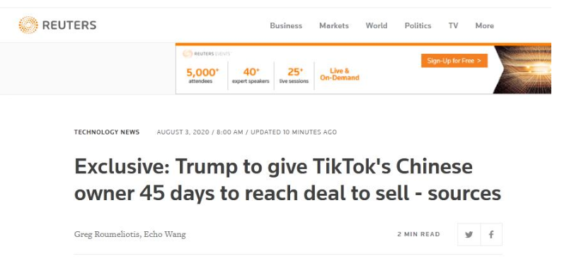 有转机？外媒：特朗普给字节跳动45天向微软协商出售TikTo
